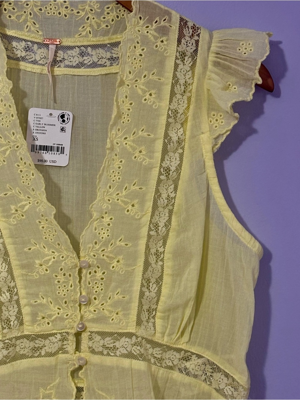 NWT Free People Day Dreamer EARLY BLOOMER YELLOW Embroidered Eyelet Lace Top XS - Picture 2 of 6